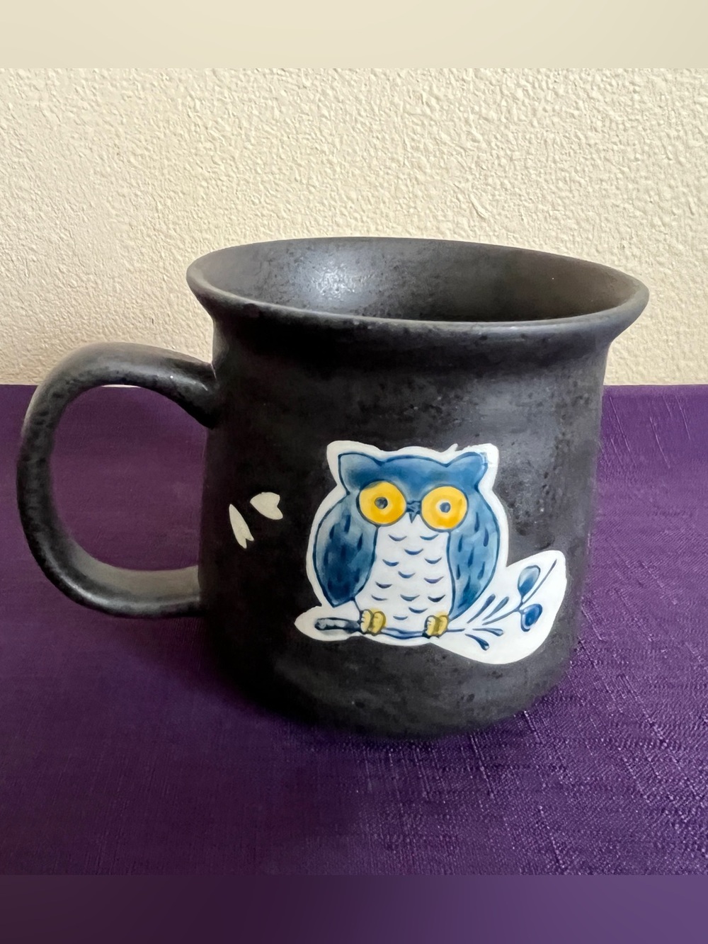 Black Night Owl on Branch Coffee Mug Pottery 4” Ceramic
